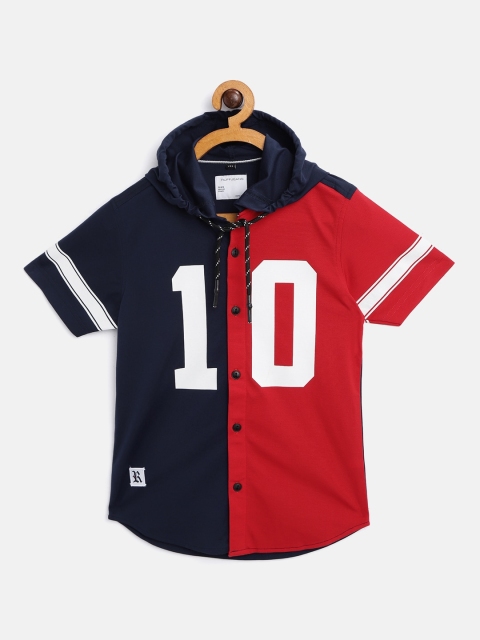 

RUFF Boys Navy Blue & Red Slim Fit Colourblocked Hooded Casual Shirt with Printed Detail