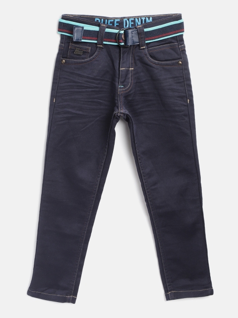 

RUFF Boys Navy Blue Slim Fit Mid-Rise Clean Look Stretchable Jeans With Belt