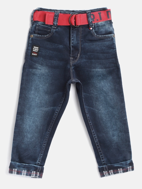 

RUFF Boys Navy Blue Slim Fit Mid-Rise Clean Look Stretchable Jeans with Belt