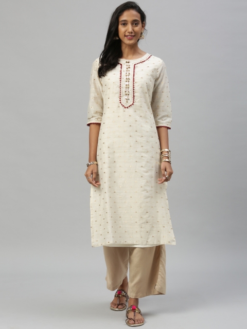 

Anouk Women Off-White & Golden Woven Design Straight Kurta
