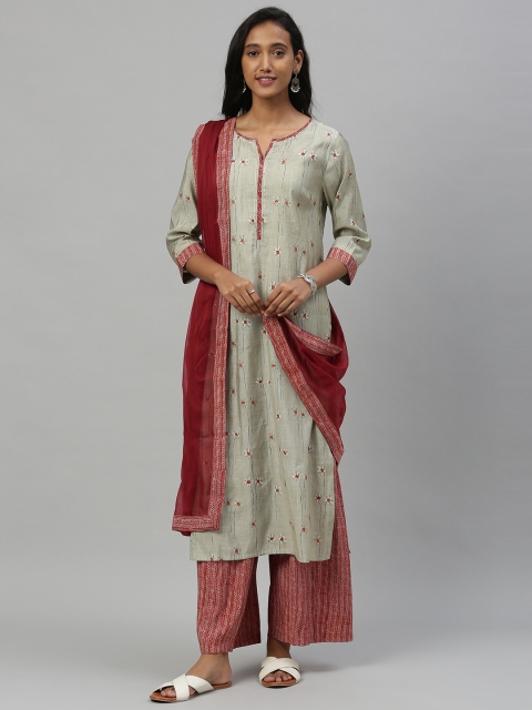 

Anouk Women Grey & Maroon Printed Kurta with Palazzos & Dupatta