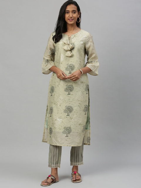 

Anouk Women Olive Green & Beige Printed Kurta with Trousers