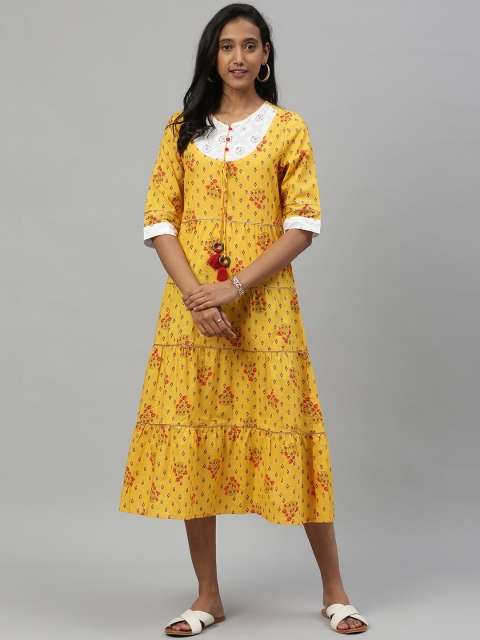 

Anouk Women Mustard Yellow Printed Fit and Flare Dress