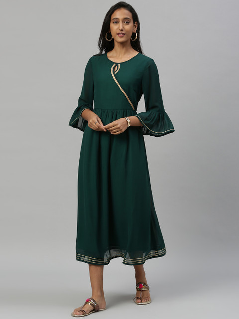 

Anouk Women Green Solid Fit and Flare Dress