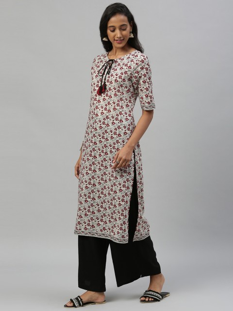 

Anouk Women Off-White & Maroon Printed Straight Kurta