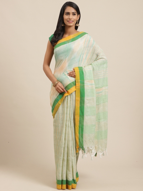 

Vaamsi Peach-Coloured& Green Pure Cotton Striped Jamdani Saree