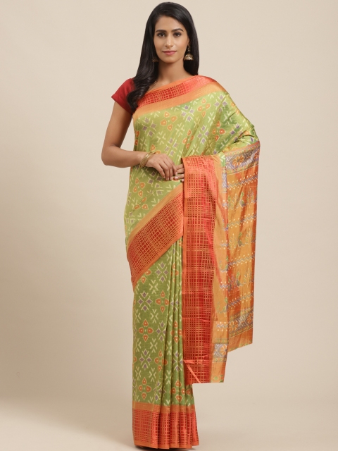 

Vaamsi Green Dual-Toned & Orange Printed Patola Saree