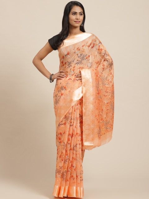 

Vaamsi Coral Orange & Grey Floral Printed Saree