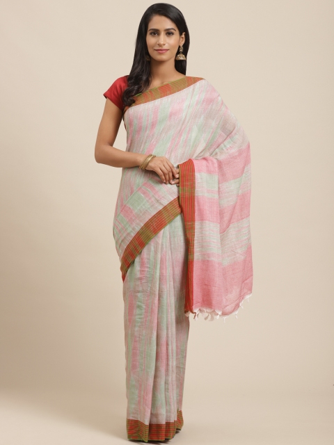 

Vaamsi Pink & Green Pure Cotton Striped Jamdani Saree