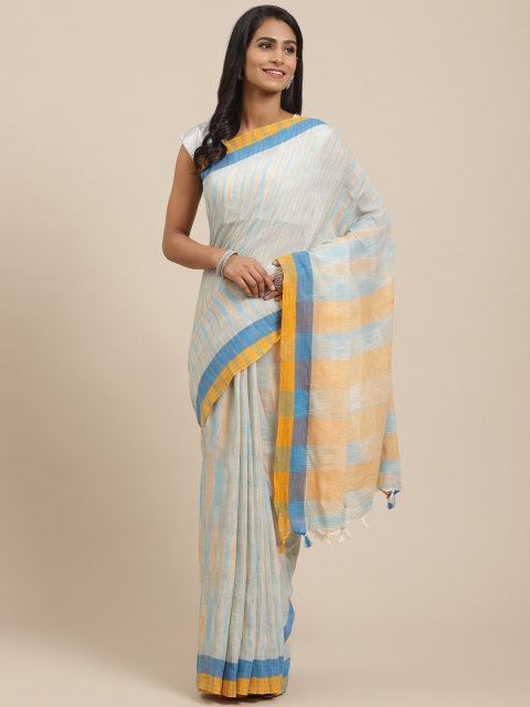 

Vaamsi Peach-Coloured & Blue Pure Cotton Striped Jamdani Saree