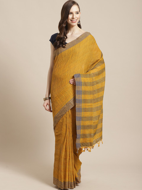 

Vaamsi Mustard Yellow & Navy Blue Pure Cotton Striped Jamdani Saree