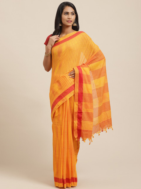

Vaamsi Mustard Yellow & Red Pure Cotton Striped Jamdani Saree