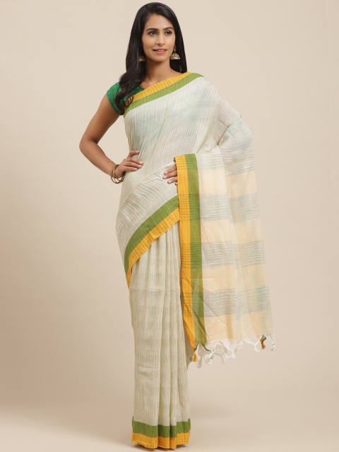 

Vaamsi Cream-Coloured & Green Pure Cotton Striped Jamdani Saree