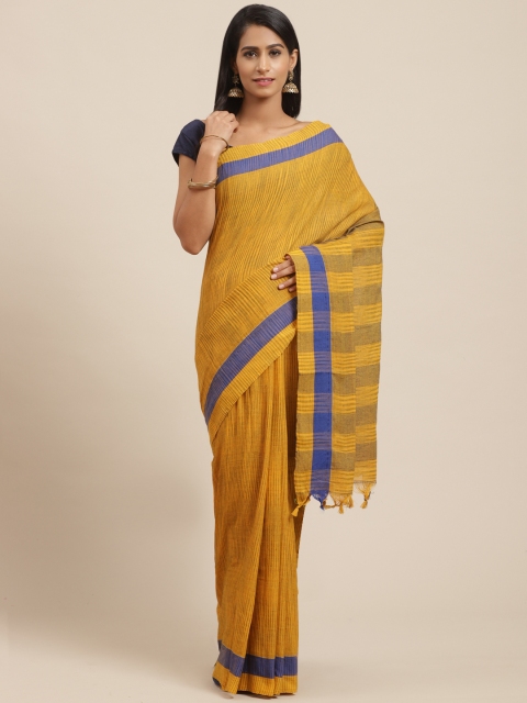 

Vaamsi Mustard Yellow & Blue Pure Cotton Striped Jamdani Saree