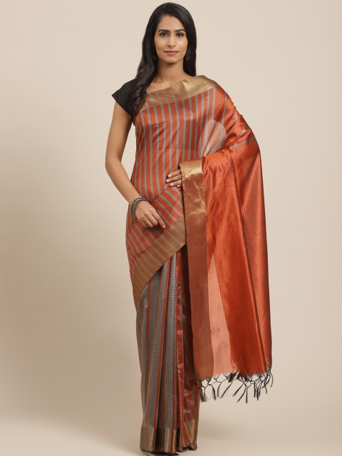 

Vaamsi Rust Orange & Grey Striped Saree