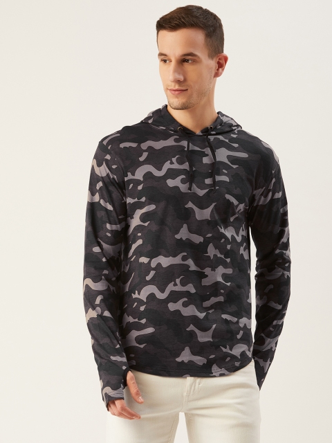 

Rodzen Men Charcoal Grey & Black Camouflage Print Hooded T-shirt