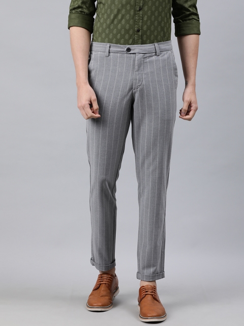 

Jack & Jones Men Grey Slim Fit Striped Regular Trousers