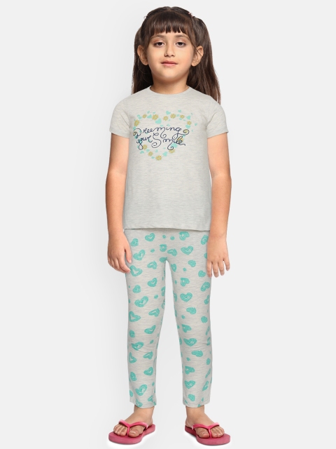 

Sweet Dreams Girls Grey Melange & Green Heart Print Night Suit