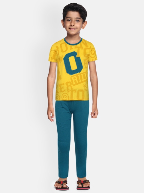 

Sweet Dreams Boys Mustard Yellow & Teal Green Printed Night suit