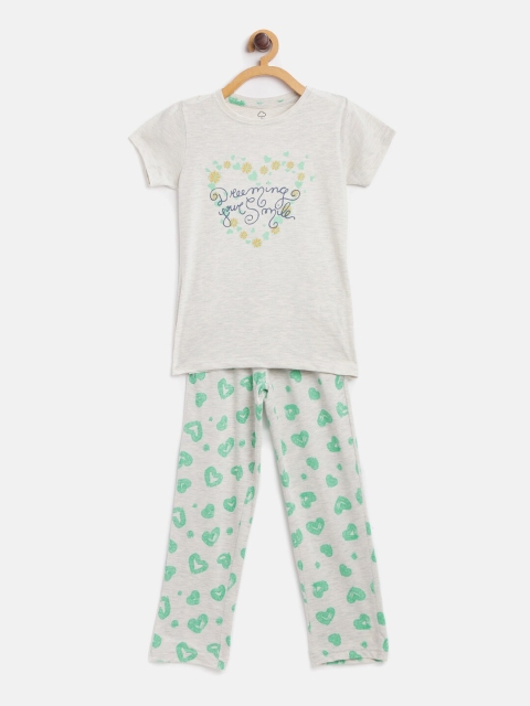 

Sweet Dreams Girls Grey Melange & Green Heart Print Night Suit