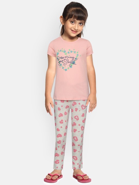 

Sweet Dreams Girls Peach-Coloured & Grey Melange Heart Print Night Suit