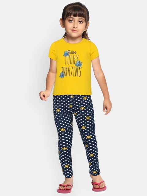 

Sweet Dreams Girls Mustard Yellow & Navy Blue Floral & Polka Dot Print Night Suit