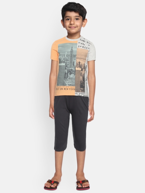 

Sweet Dreams Boys Peach-Coloured & Charcoal Grey Graphic Print Night suit
