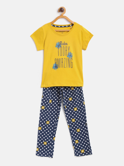 

Sweet Dreams Girls Mustard Yellow & Navy Blue Printed Night Suit