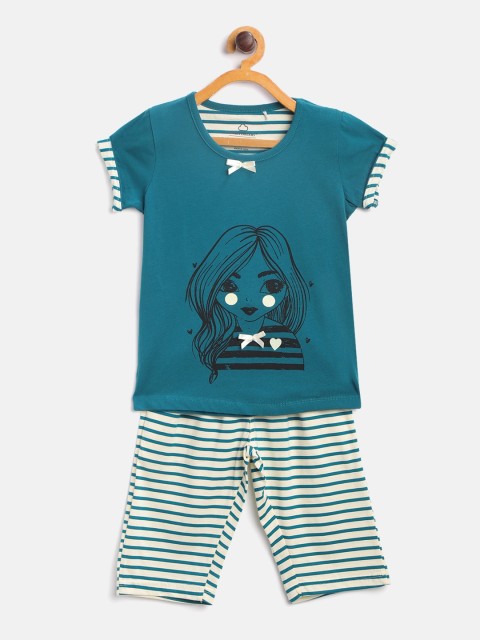 

Sweet Dreams Girls Teal & Off-White Printed Night suit