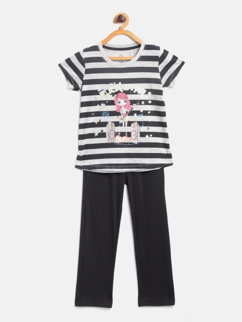 

Sweet Dreams Girls Grey Melange & Black Striped & Printed Night Suit