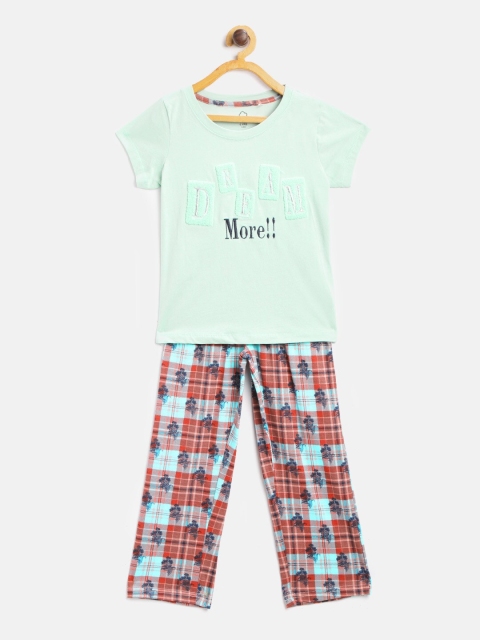 

Sweet Dreams Girls Mint Green & Rust Orange Applique & Checked Night Suit