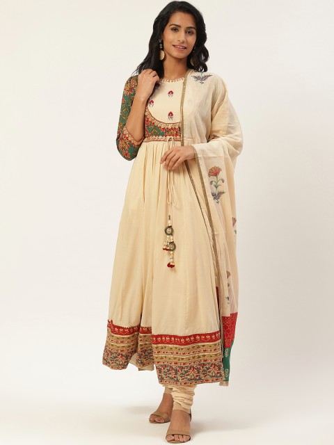 

Rain & Rainbow Women Beige & Green Anarkali Kurta with Churidar and Dupatta