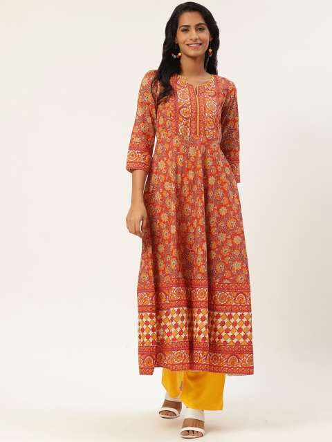 

Rain & Rainbow Women Red & Mustard Yellow Ethnic Motif Print A-Line Kurta