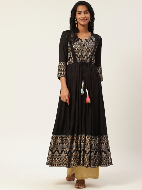 

Rain & Rainbow Women Black & Golden Ethnic Printed Anarkali Kurta