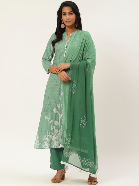 

Rain & Rainbow Women Green Printed Kurta with Trousers & Dupatta