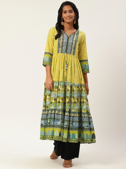 

Rain & Rainbow Women Yellow & Blue Printed Tiered Anarkali Kurta