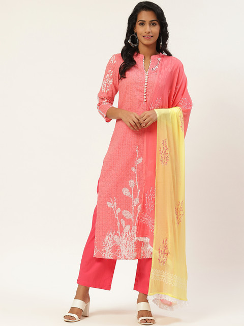 

Rain & Rainbow Women Coral Pink & White Floral Screen Print Kurta with Trousers & Dupatta