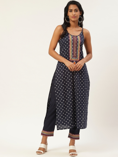 

Rain & Rainbow Women Navy Blue & White Floral Screen Print Kurta with Trousers