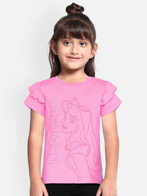 

Loocust Girls Pink Printed Round Neck Disney Princess T-Shirt