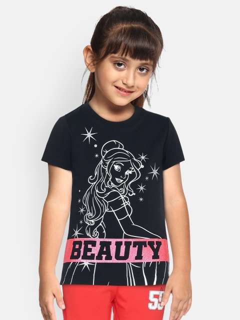 

Loocust Girls Black Printed Round Neck Disney Princess T-Shirt