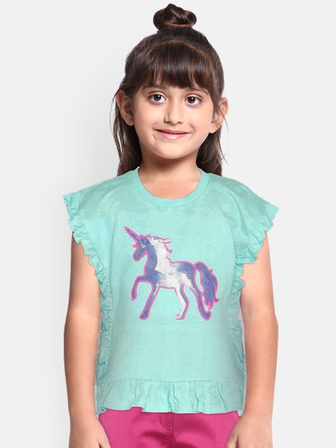 

Loocust Girls Blue Printed Round Neck T-shirt