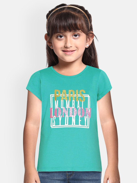 

Loocust Girls Green Printed Round Neck T-shirt