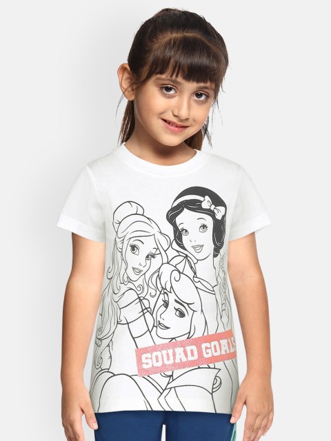 

Loocust Girls White & Black Disney Princess Squad Printed Round Neck T-Shirt