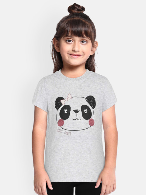 

Loocust Girls Grey Melange Printed Round Neck T-shirt