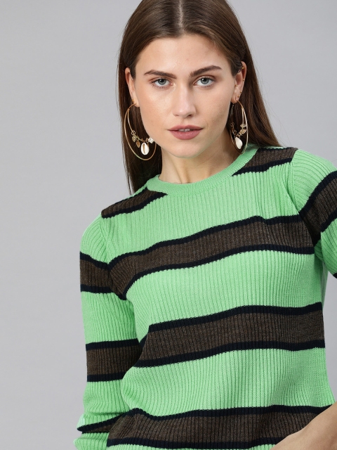 

ONLY Women Sea Green & Brown Striped Pullover Sweater