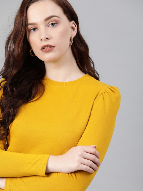 

ONLY Women Mustard Yellow Solid Pure Cotton Top