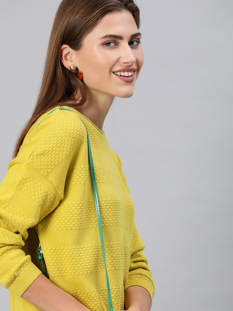 

ONLY Women Lime Green Self Striped Pullover Sweater