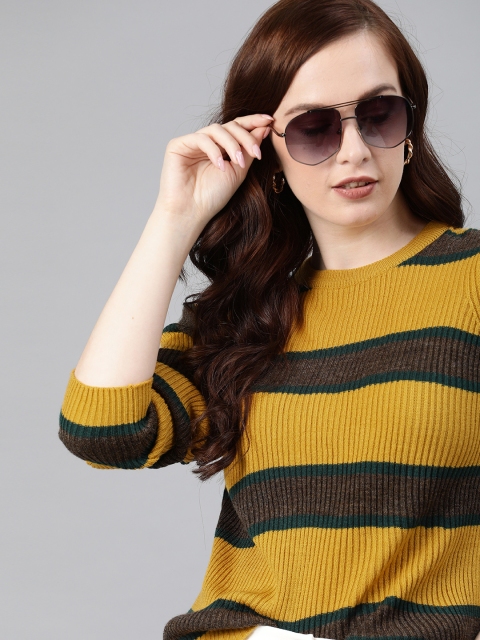 

ONLY Women Mustard Yellow & Brown Striped Pullover Sweater