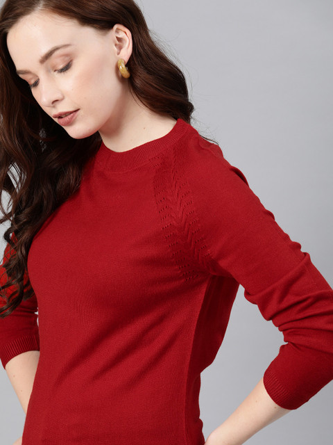 

ONLY Women Red Solid Pullover Sweater with Perforations