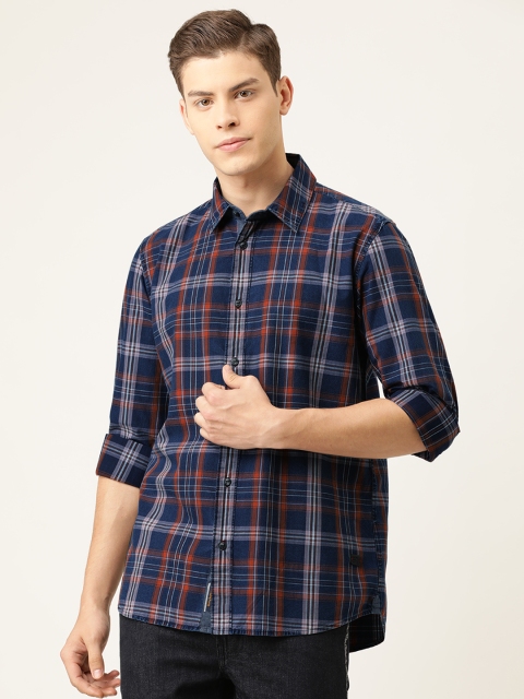 

Being Human Men Navy Blue & Orange Regular Fit Checked Casual Shirt